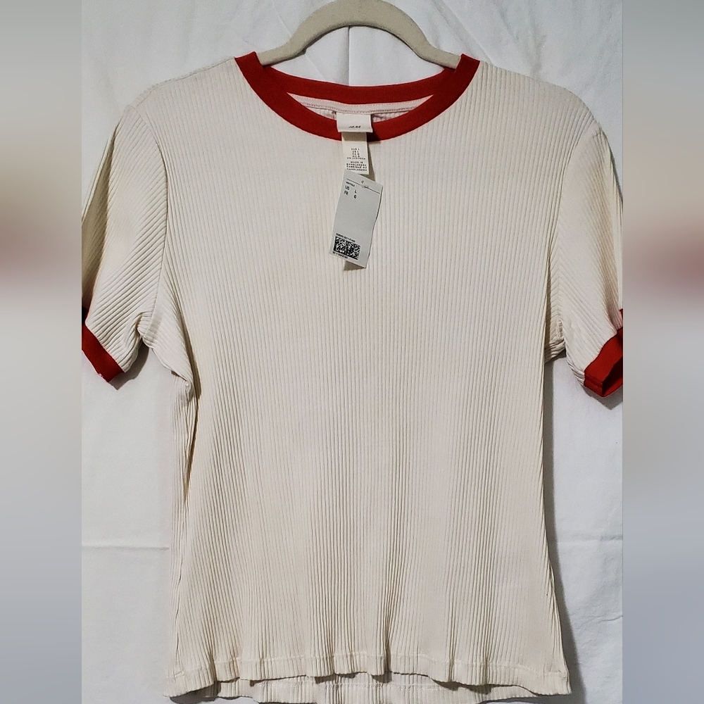 H&M Cream Tee with Red Trim